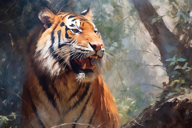 Dipinto ad olio su tela tigre nella foresta