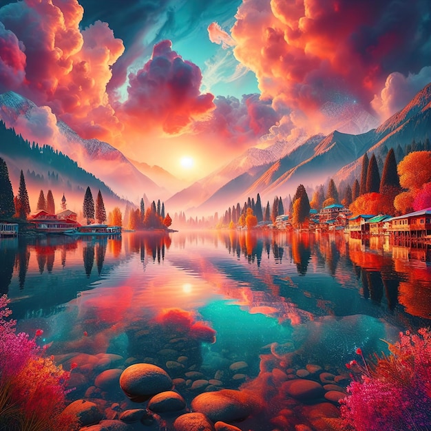 dipinto colorato del tramonto e del lago con le montagne sullo sfondo