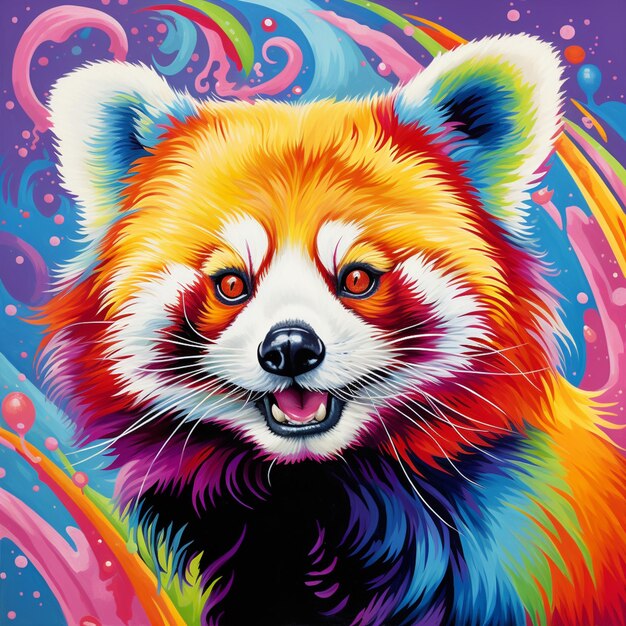 dipinto dai colori vivaci di un panda rosso con uno sfondo a spirale arcobaleno che genera ai