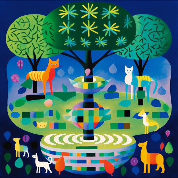 dipinto dai colori vivaci di una fontana con animali e alberi sullo sfondo ai generativa
