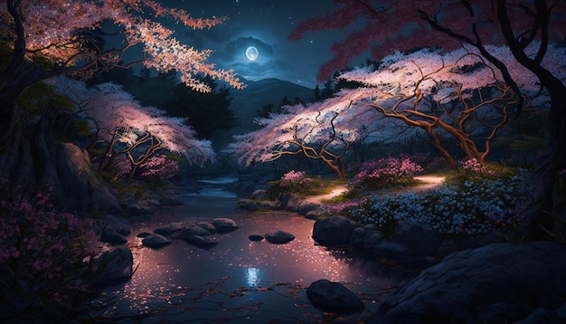 Dipinto del fiume con la luna piena sullo sfondo generativo ai