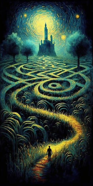 Dipinto dell'uomo che cammina attraverso il labirinto ai generativo