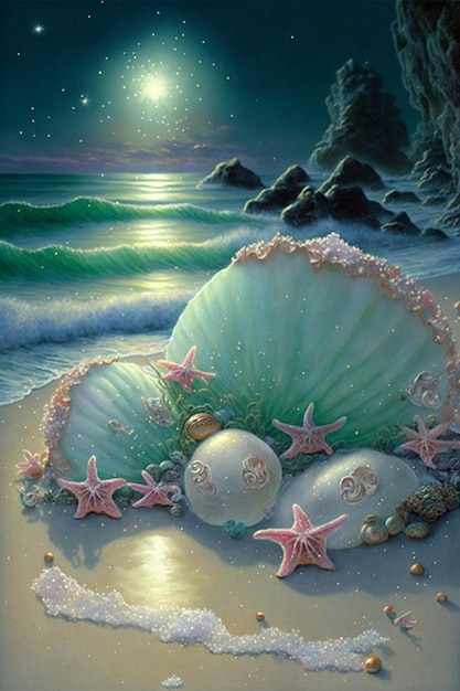 Dipinto di conchiglie e stelle marine su una spiaggia Generativo Ai