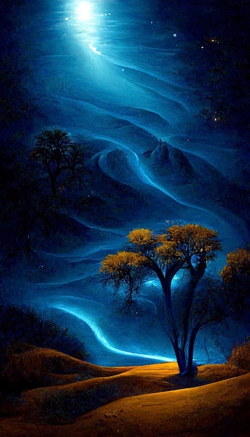 Dipinto di due alberi su una collina sotto una luna piena generativa ai