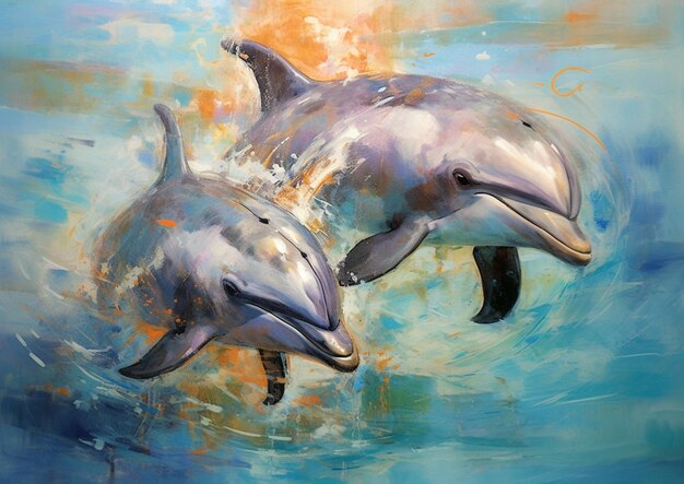 dipinto di due delfini in acqua con un sole sullo sfondo generativo ai