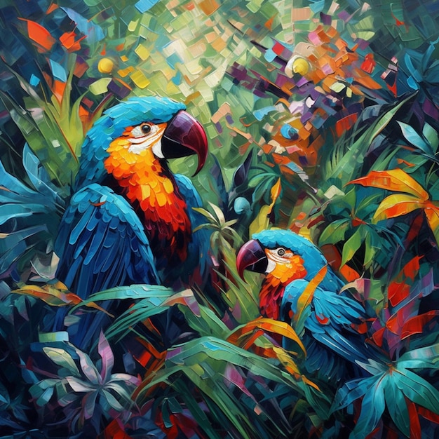 dipinto di due pappagalli colorati in una foresta tropicale con foglie ai creative