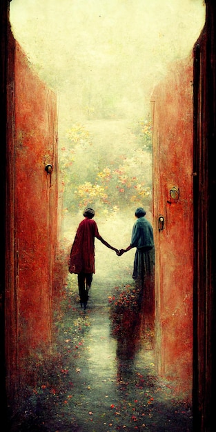 Dipinto di due persone che attraversano una porta aperta
