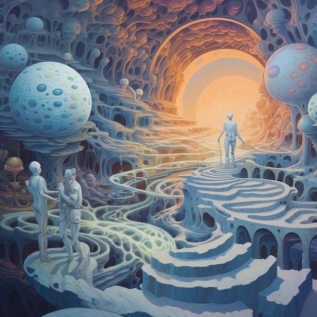 dipinto di due persone in piedi in uno spazio surreale con un buco gigante che genera ai