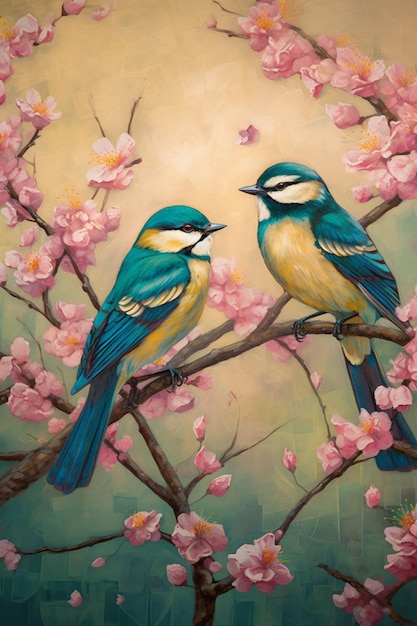 Dipinto di due uccelli seduti su un ramo di un albero con fiori rosa generativa ai