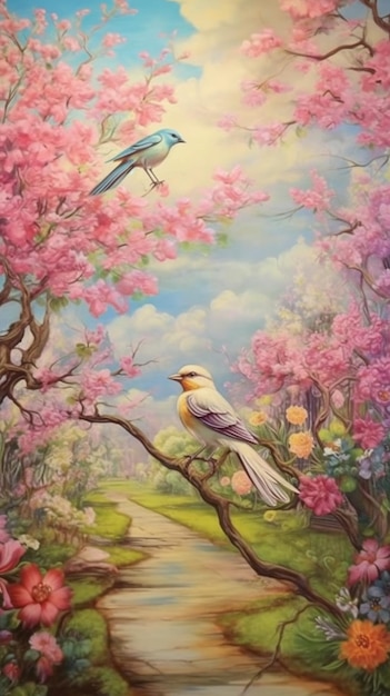 Dipinto di due uccelli seduti su un ramo di un albero in un giardino generativo ai