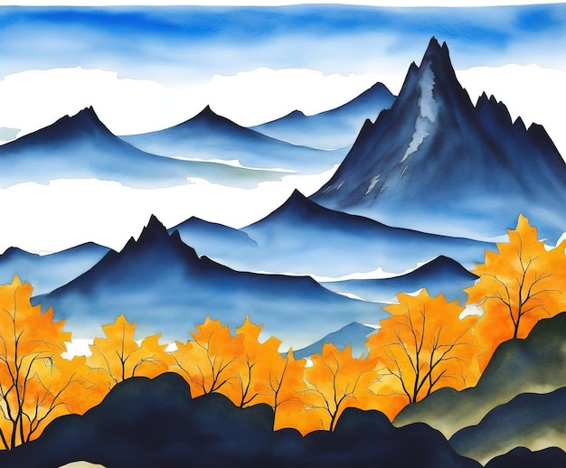 dipinto di paesaggio montano con montagne e foreste