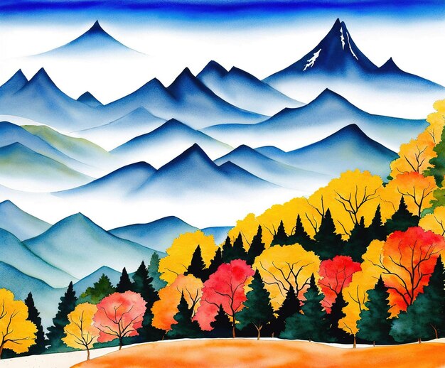 dipinto di paesaggio montano con montagne e foreste