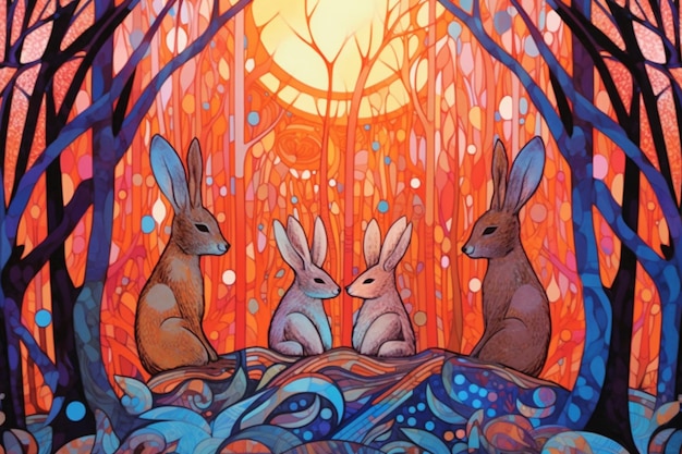 Dipinto di tre conigli seduti su una roccia in una foresta generativa ai