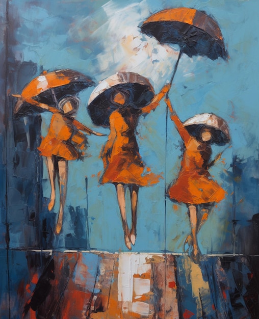 dipinto di tre donne in abiti arancioni con ombrelli su un molo ai generativa