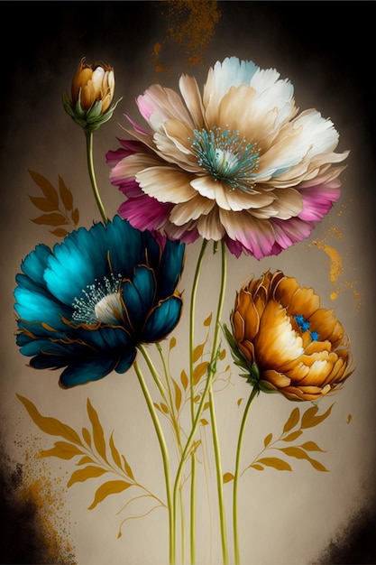 Dipinto di tre fiori in un vaso generativo ai