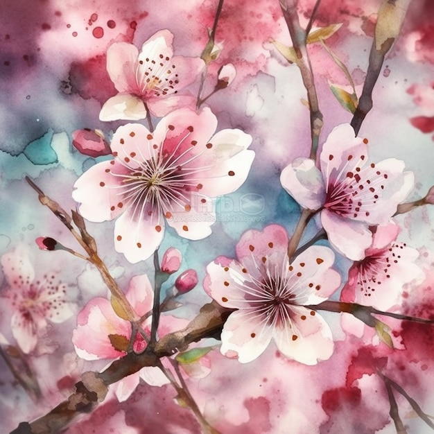 Dipinto di un acquarello di un albero di ciliegio in fiore ai