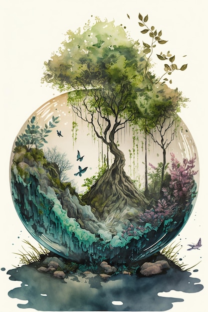 Dipinto di un albero all'interno di una sfera di vetro ai generativo
