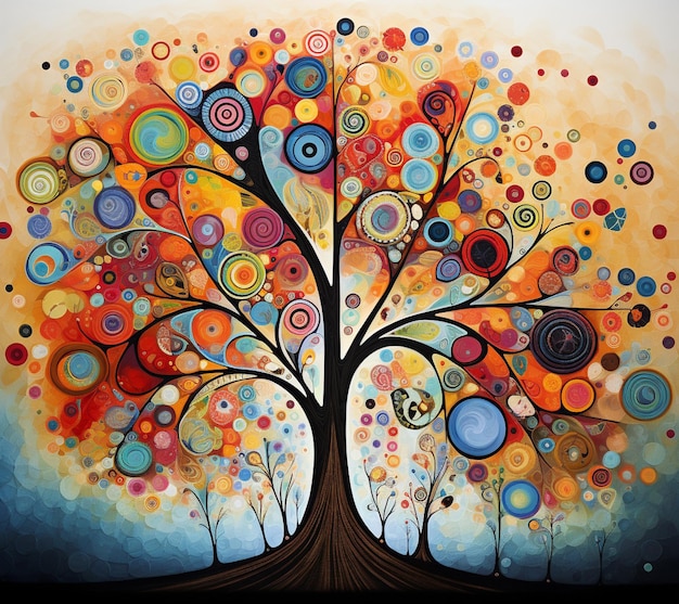 dipinto di un albero con cerchi colorati e uno sfondo celeste generativo ai