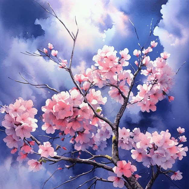 Dipinto di un albero con fiori rosa contro un cielo nuvoloso ai generativo