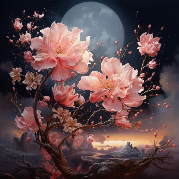 dipinto di un albero con fiori rosa e una luna piena generativa ai