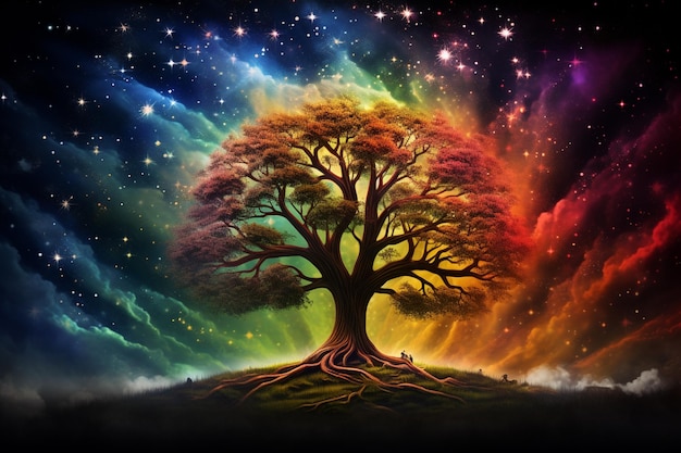 dipinto di un albero con uno sfondo rainbow sky generative ai