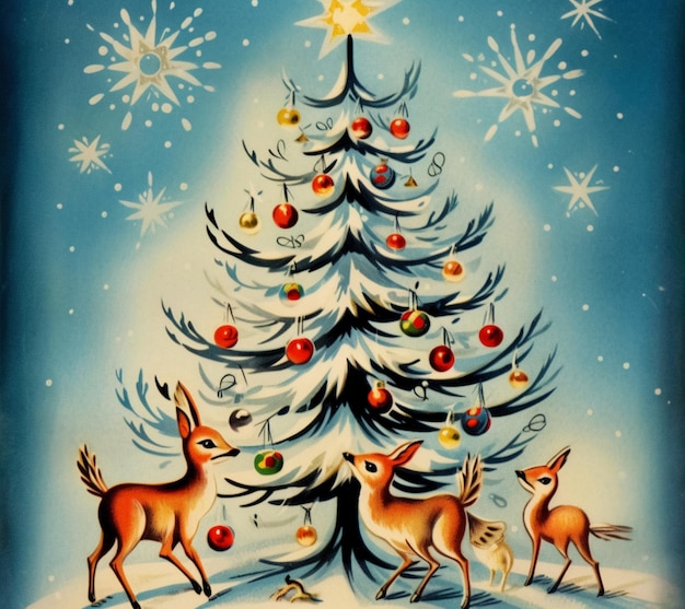 dipinto di un albero di Natale con renne e fiocchi di neve
