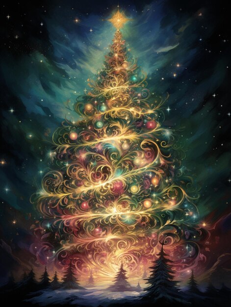 dipinto di un albero di Natale con una stella nel cielo generativo ai