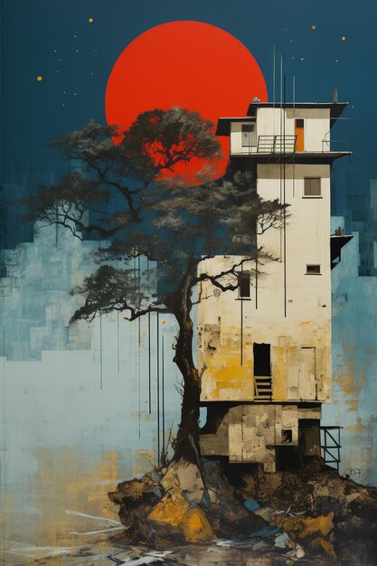 dipinto di un albero e un edificio con un sole rosso sullo sfondo ai generativa