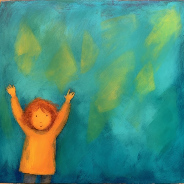 dipinto di un bambino che raggiunge un cielo verde con foglie gialle generative ai
