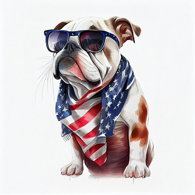dipinto di un bulldog che indossa occhiali da sole e una cravatta con una sciarpa a bandiera americana