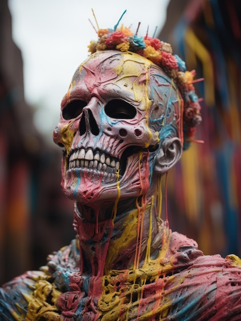 dipinto di un cadavere dipinto in molti colori sullo scheletro