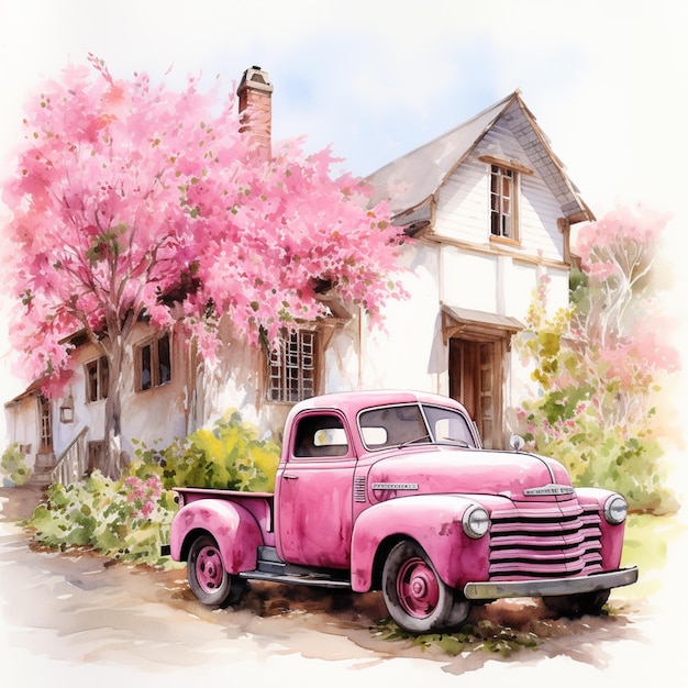 dipinto di un camion rosa parcheggiato di fronte a una casa generativa ai