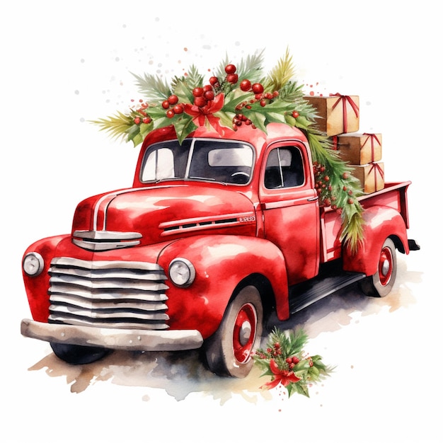 dipinto di un camion rosso con un albero di Natale sul retro generativo ai