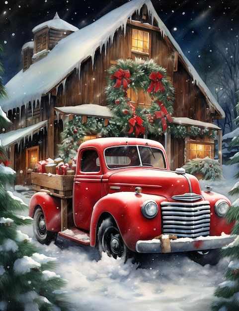 Dipinto di un camion rosso con una ghirlanda natalizia sul retro generativo ai