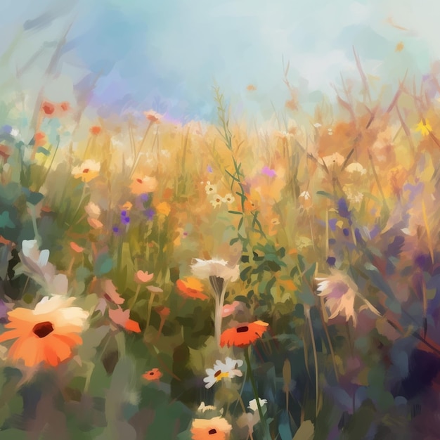 Dipinto di un campo di fiori con sfondo cielo generativo ai