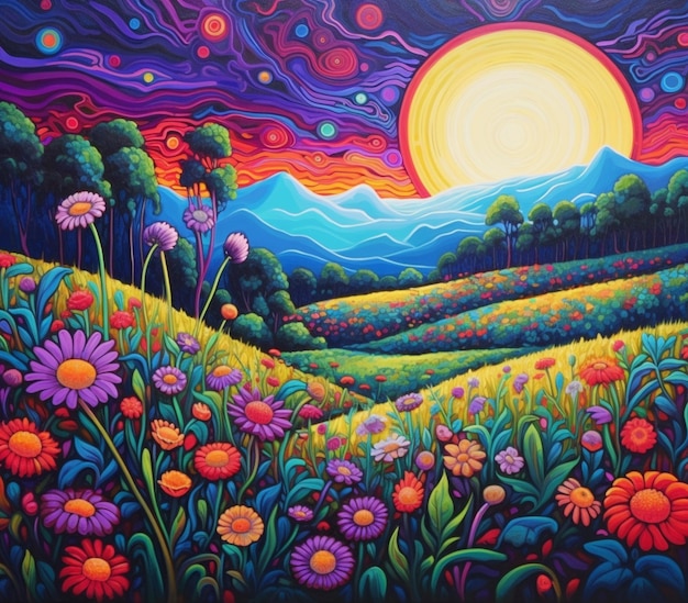 Dipinto di un campo di fiori con sullo sfondo un sole generativo ai