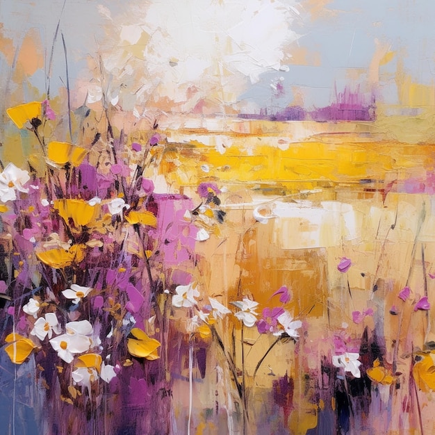 dipinto di un campo di fiori con un cielo giallo sullo sfondo ai generativa