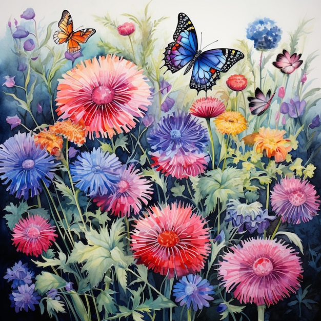dipinto di un campo di fiori con una farfalla al centro ai generativa
