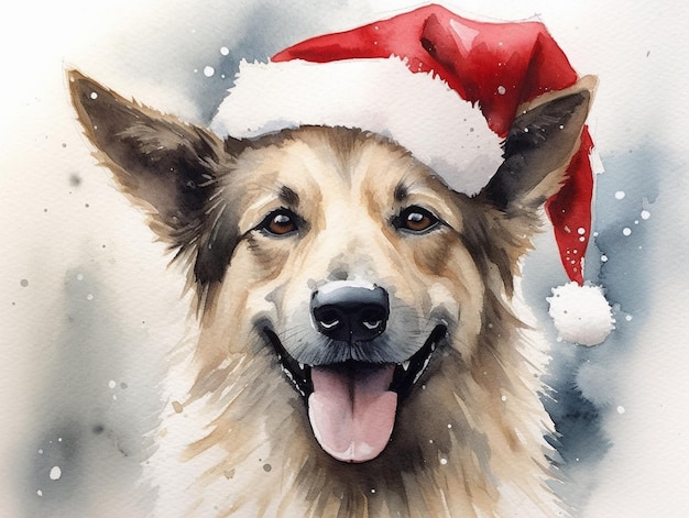 dipinto di un cane che indossa un cappello di Babbo Natale nella neve generativo ai