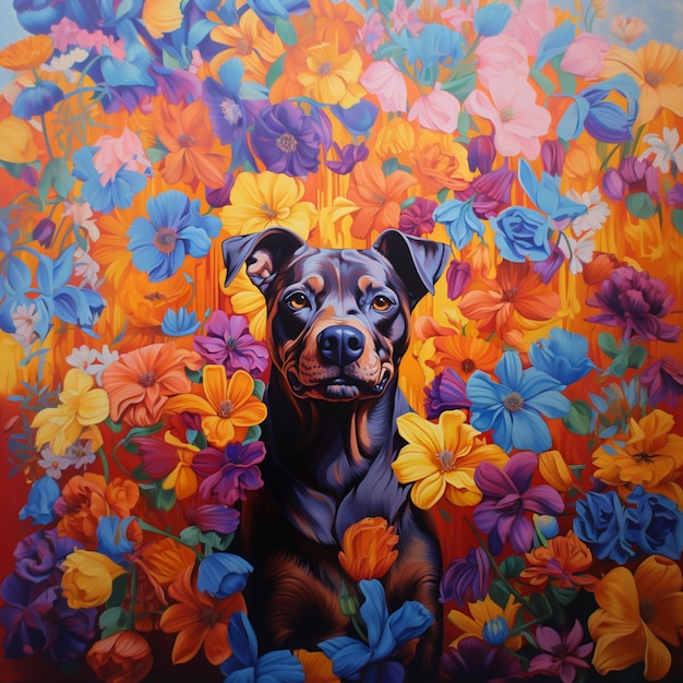 dipinto di un cane circondato da fiori su uno sfondo colorato