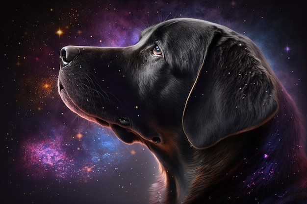 dipinto di un cane con uno sfondo spaziale ai generativa