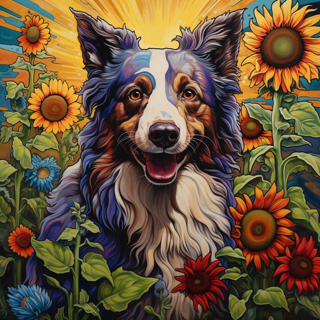 dipinto di un cane in un campo di girasoli con un'ai generativa di sunburst