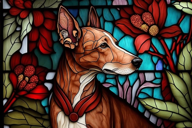 Dipinto di un cane in vetro colorato con fiori e foglie generative ai