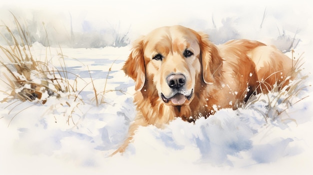 Dipinto di un cane nella neve con uno sfondo bianco generativo ai