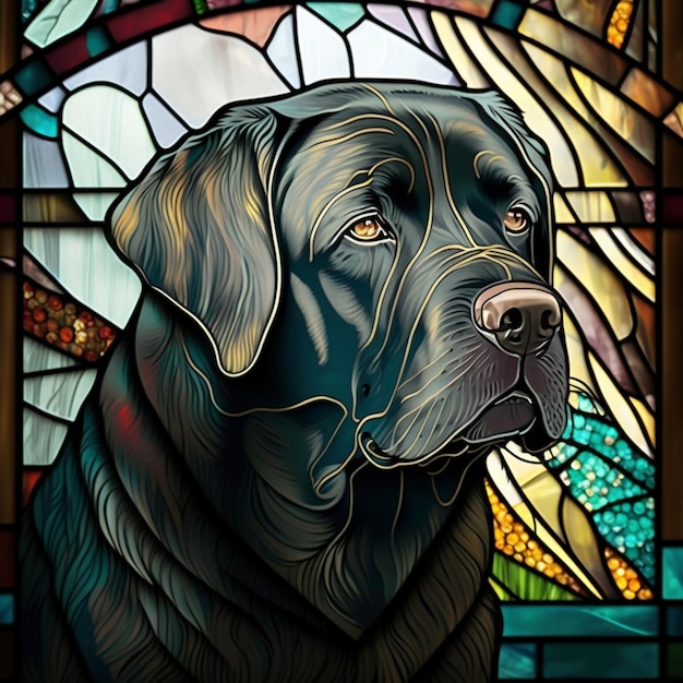 dipinto di un cane nero di fronte a una vetrata generativa ai.