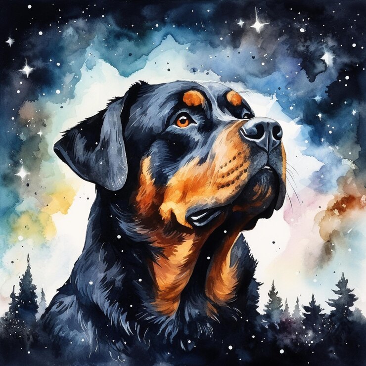 dipinto di un cane rotterweiler con uno sfondo di cielo stellato generativo ai