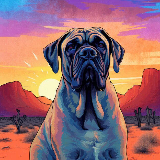 Dipinto di un cane seduto nel deserto con un tramonto sullo sfondo generativo ai
