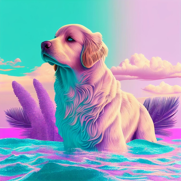 Dipinto di un cane seduto nell'acqua generativo ai