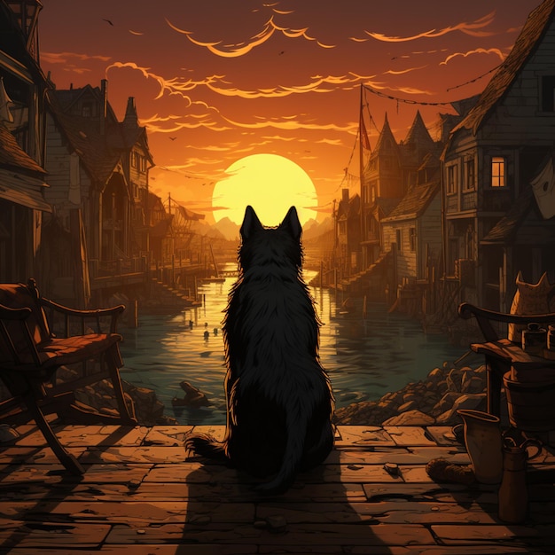 dipinto di un cane seduto su un molo che guarda il tramonto generativo ai