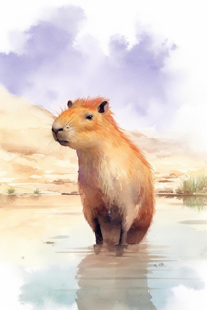 dipinto di un capibara in piedi nell'acqua con un cielo nuvoloso ai generativo